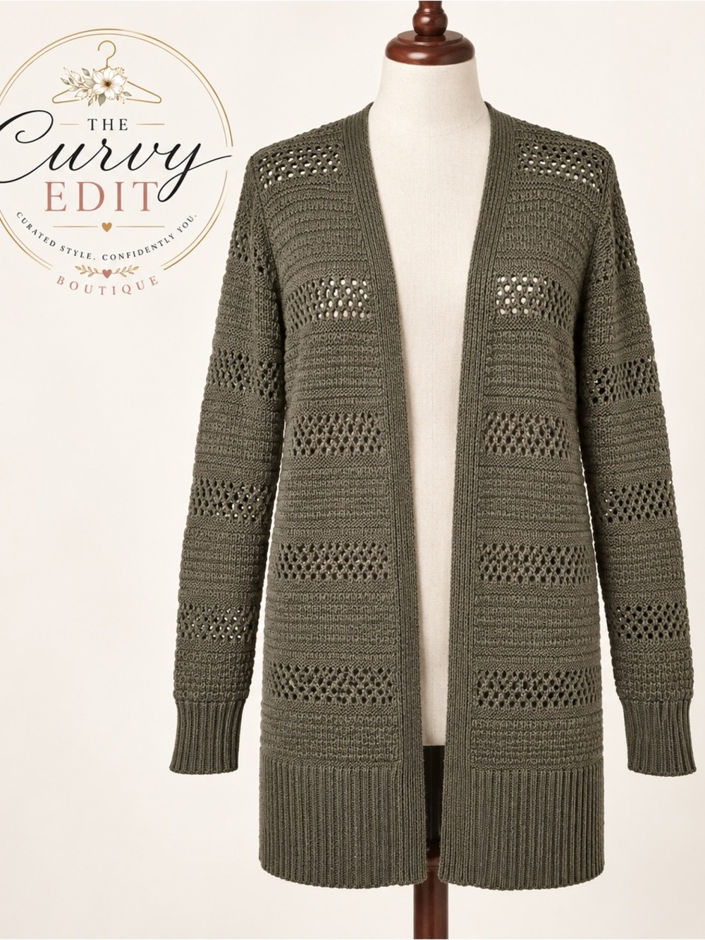 Falls Creek Olive Green Boho Eyelet Open Knit Longline Cardigan Sweater L/XL